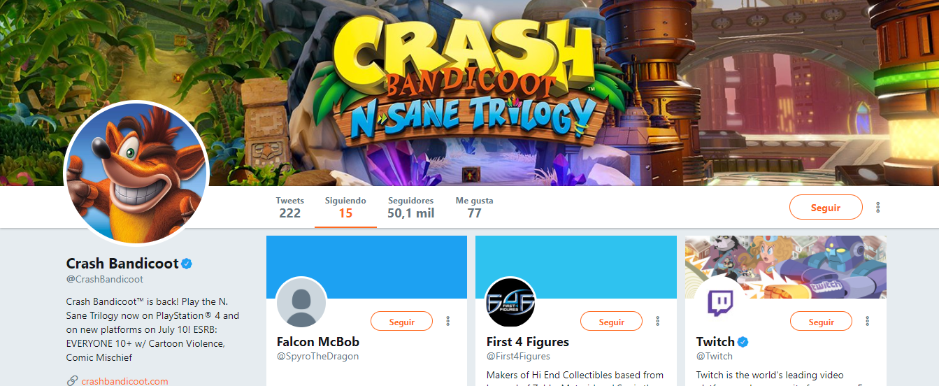 La cuenta de Crash Bandicoot sigue el misterioso perfil de Falcom McBob