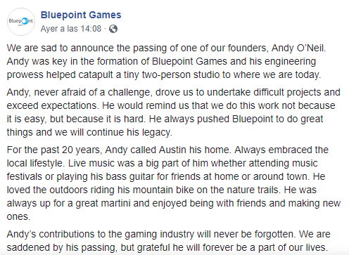 Mensaje de Facebook de Bluepoint Games