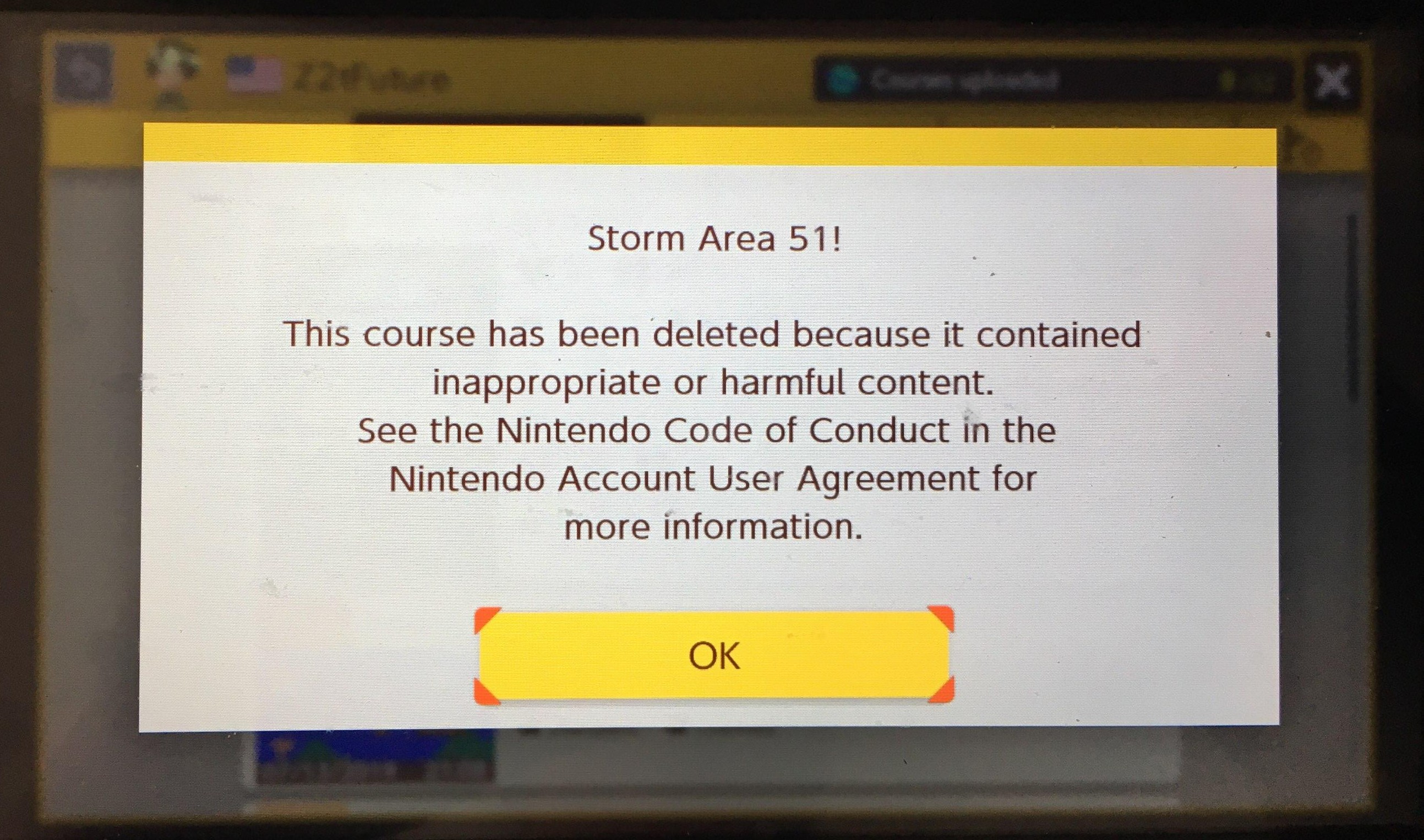 Notificación de Nintendo al dar de baja el nivel