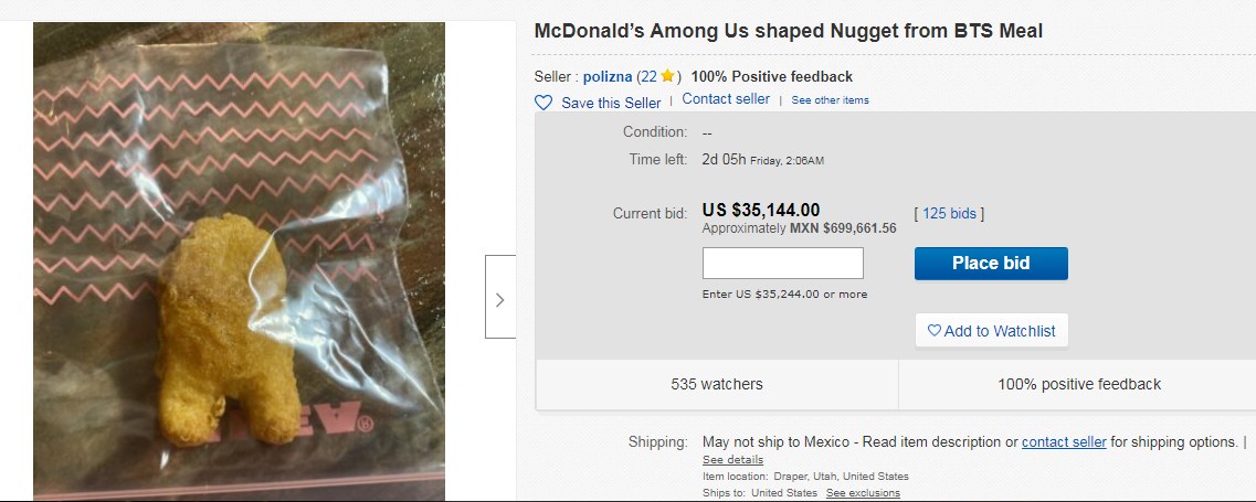 El nugget de Among Us se venderá en miles de dólares