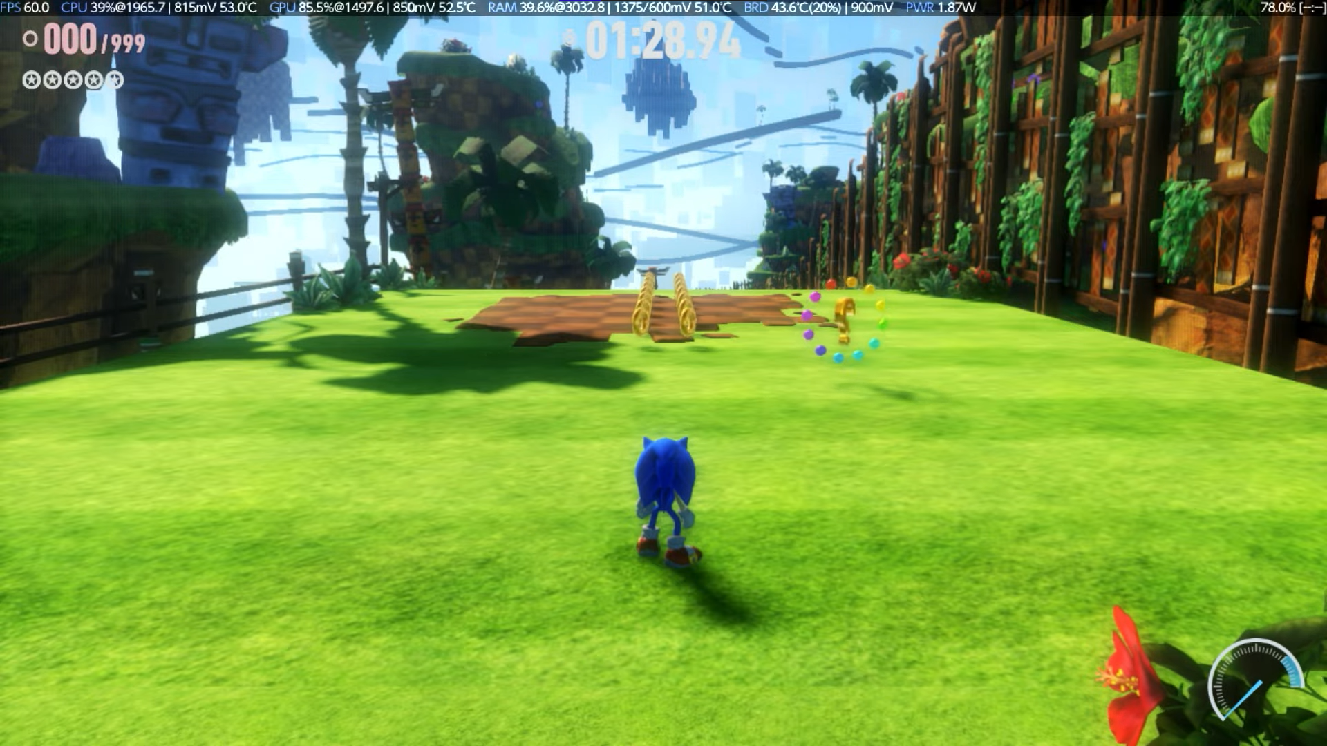 En la zona superior se pueden ver algunos parámetros de medición luego del oveclocking.